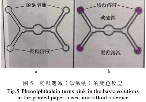為了驗證紙包裝與紙基微流控芯片的整合技術，在紙盒的4個體板上分別制作了4個微流控芯片，該紙基芯片在pH值檢測中的應用示例見圖5。